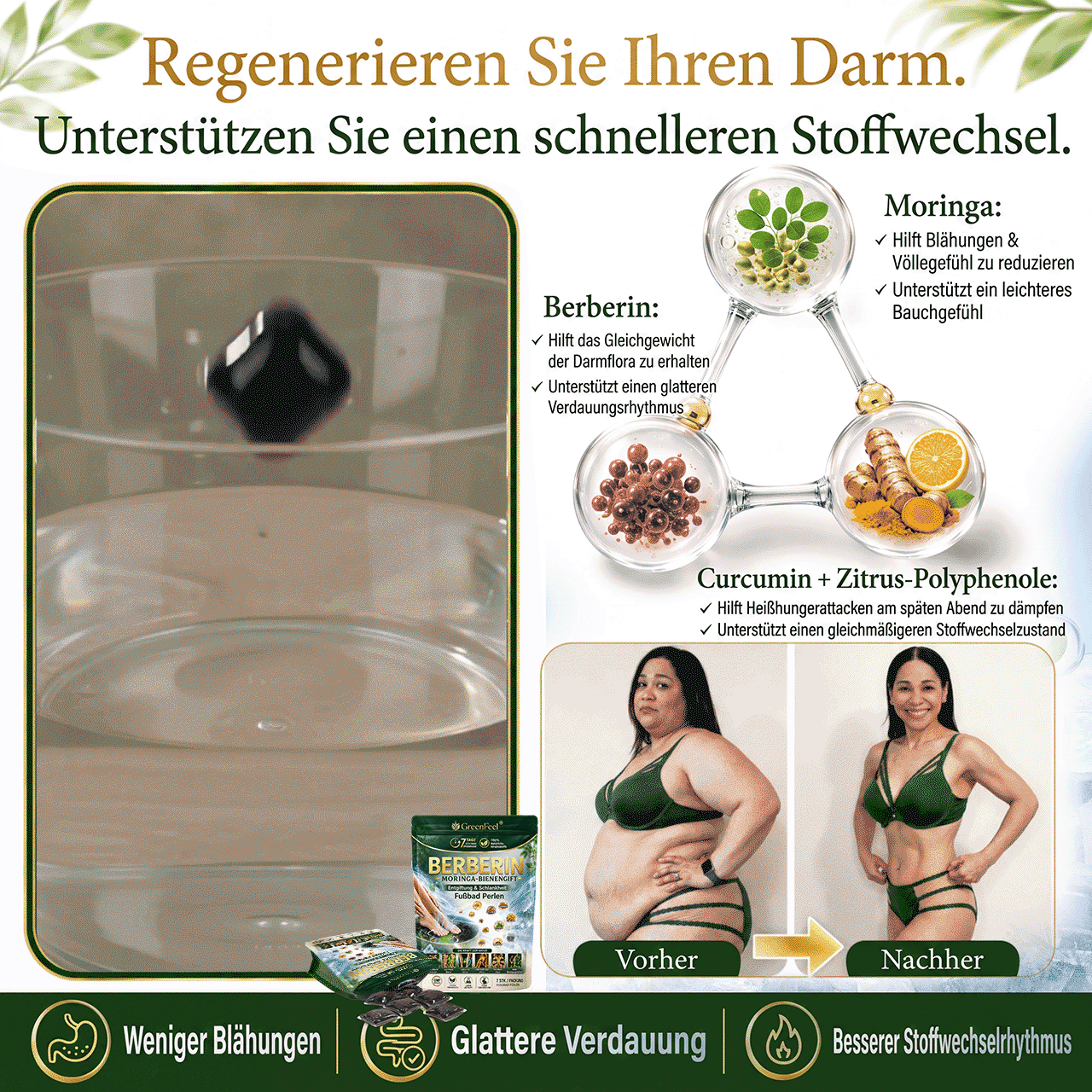 德☘️ GreenFeel® Berberin-Moringa-Bienengift Detox-Schlankheits-Fußbadperlen unterstützen das Gewichtsmanagement, die Lymphdrainage, eine gesunde Durchblutung, das weibliche Wohlbefinden und ein straffer wirkendes Hautbild. 🔥