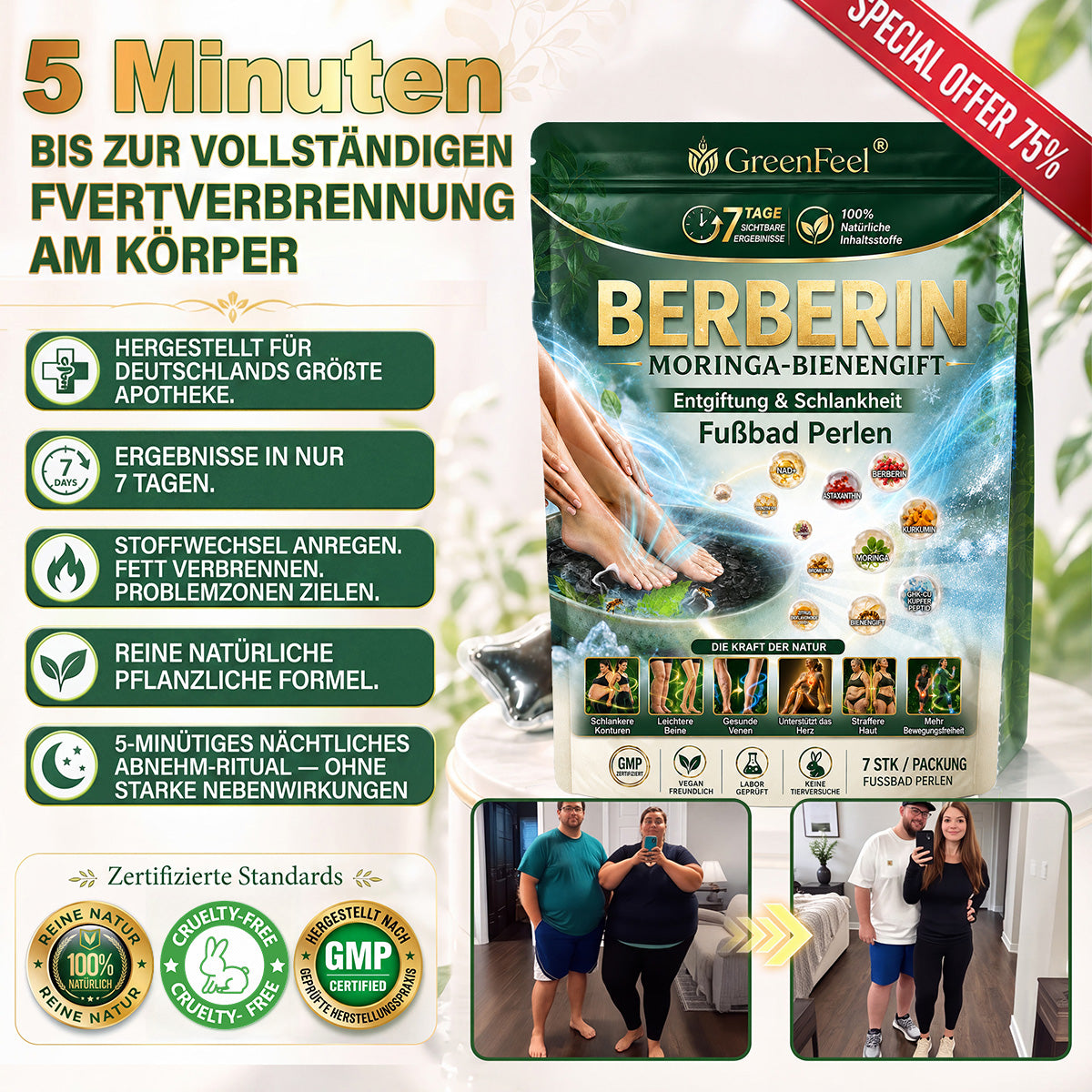 德☘️ GreenFeel® Berberin-Moringa-Bienengift Detox-Schlankheits-Fußbadperlen unterstützen das Gewichtsmanagement, die Lymphdrainage, eine gesunde Durchblutung, das weibliche Wohlbefinden und ein straffer wirkendes Hautbild. 🔥