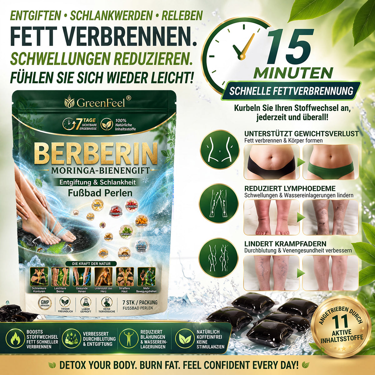 德☘️ GreenFeel® Berberin-Moringa-Bienengift Detox-Schlankheits-Fußbadperlen unterstützen das Gewichtsmanagement, die Lymphdrainage, eine gesunde Durchblutung, das weibliche Wohlbefinden und ein straffer wirkendes Hautbild. 🔥